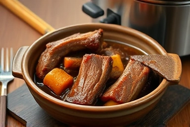 Tender Korean braised short ribs (galbijjim) with vegetables from a slow cooker.